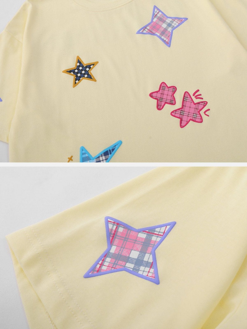 T Shirts Aelfric Eden Plaid Applique Star Tee Abricot | PDO-44130431